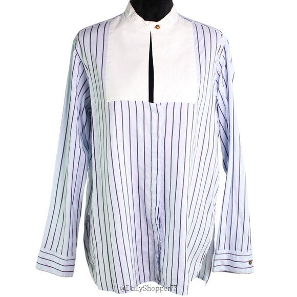 Rosetta Getty Women's Blue & Purple Striped Mock Neck Keyhole Button Up Shirt